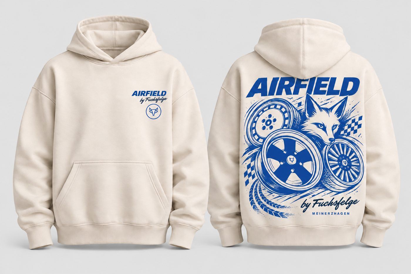 Cremefarbener Hoodie mit Fuchs-und-Felgen-Artwork auf dem Rücken