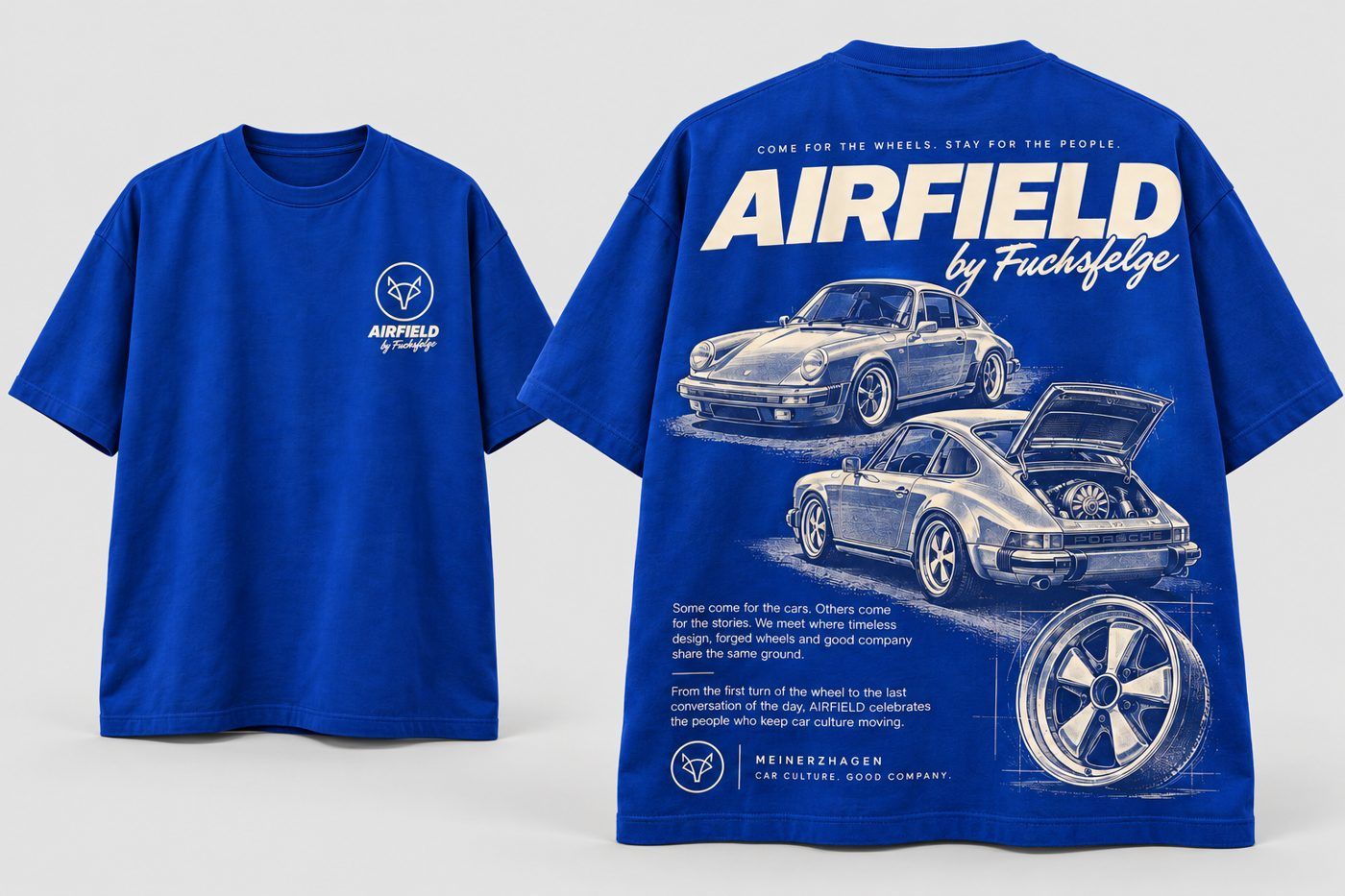 Blaues T-Shirt mit Blueprint-Print von Sportwagen und Felge