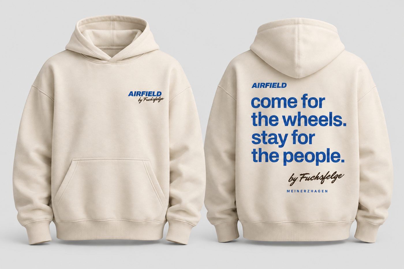 Cremefarbener Hoodie mit Claim-Print auf dem Rücken