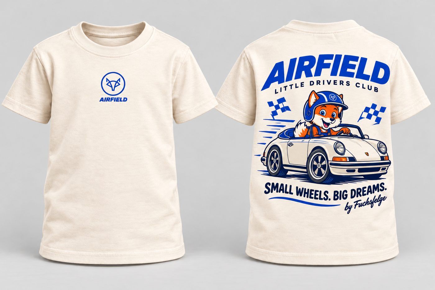 Kinder-T-Shirt mit Fuchs im Helm am Steuer eines Cabrios