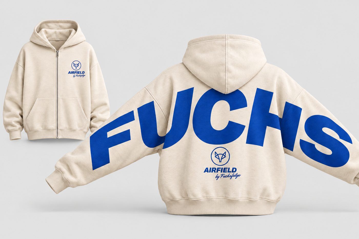 Cremefarbener Zip-Hoodie mit großem FUCHS-Schriftzug auf dem Rücken